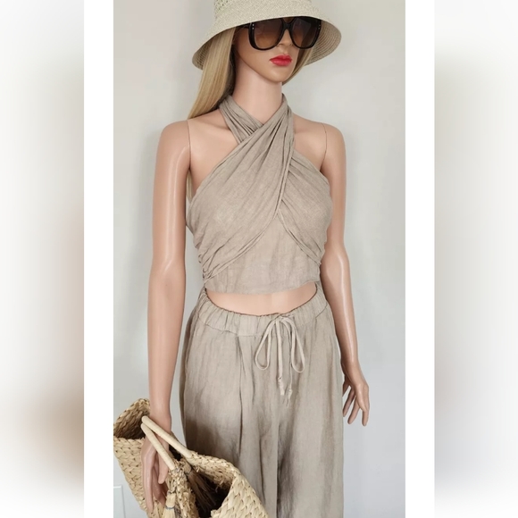 ZARA HALTER TOP SMOCKED BACK THICK STRAPS LINEN DARK BEIGE CROOPED TOP LARGE - Picture 4 of 16
